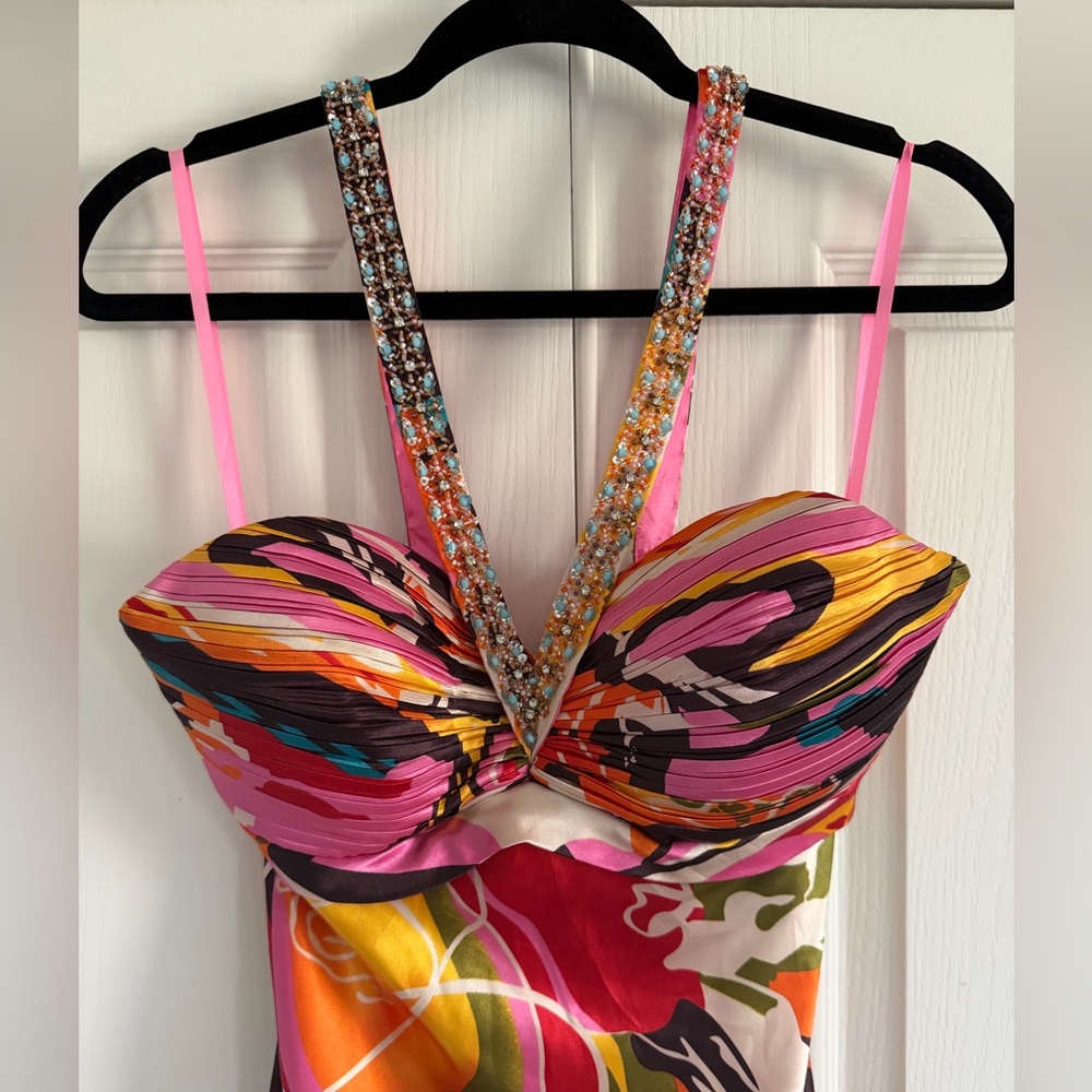 Faviana Couture Colorful Embellished Long Satin Maxi Dress Formal Gown Size 12 - Picture 8 of 16